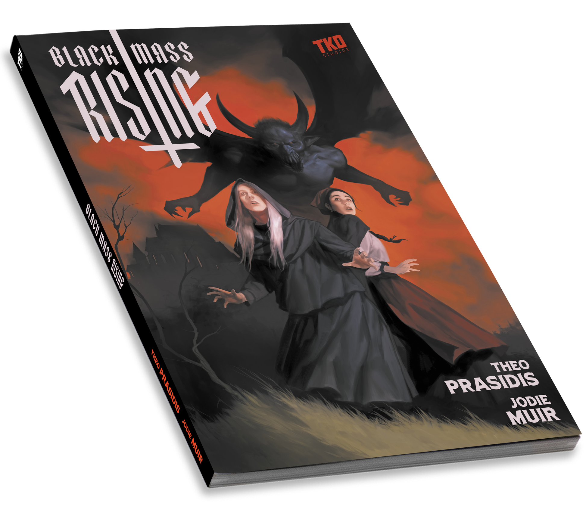 Cover of Black Mass Rising featuring two individuals looking frightened as a horned and winged creature stands menacingly behind them.