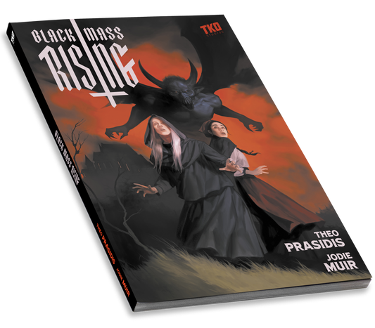Cover of Black Mass Rising featuring two individuals looking frightened as a horned and winged creature stands menacingly behind them.